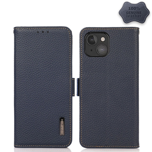 For iPhone 13 mini KHAZNEH Side-Magnetic Litchi Genuine Leather RFID Case (Blue) - iPhone 13 mini Cases by buy2fix | Online Shopping UK | buy2fix