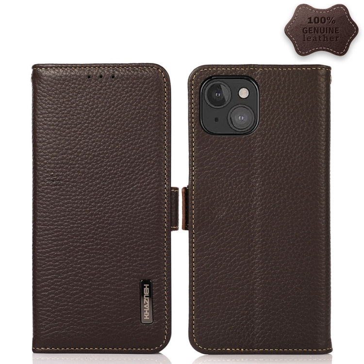 For iPhone 13 mini KHAZNEH Side-Magnetic Litchi Genuine Leather RFID Case (Brown) - iPhone 13 mini Cases by buy2fix | Online Shopping UK | buy2fix