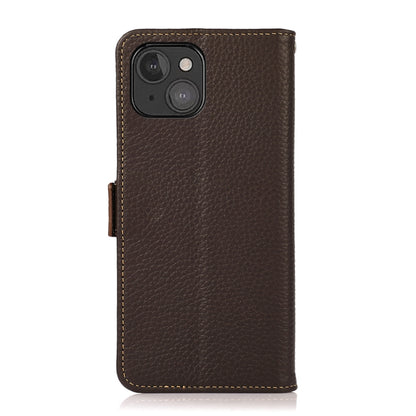 For iPhone 13 mini KHAZNEH Side-Magnetic Litchi Genuine Leather RFID Case (Brown) - iPhone 13 mini Cases by buy2fix | Online Shopping UK | buy2fix