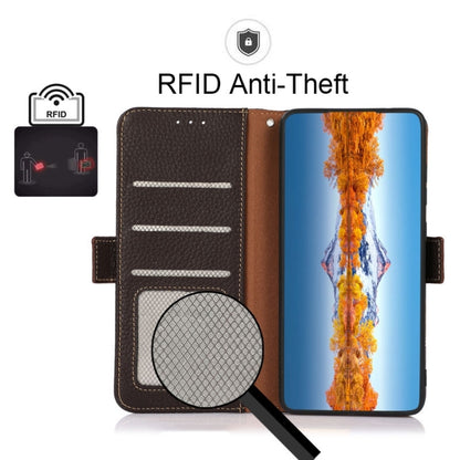 For iPhone 13 mini KHAZNEH Side-Magnetic Litchi Genuine Leather RFID Case (Brown) - iPhone 13 mini Cases by buy2fix | Online Shopping UK | buy2fix