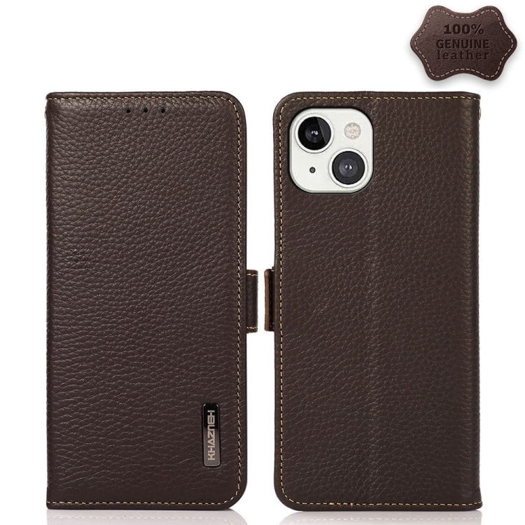 For iPhone 13 KHAZNEH Side-Magnetic Litchi Genuine Leather RFID Case(Brown) - iPhone 13 Cases by buy2fix | Online Shopping UK | buy2fix