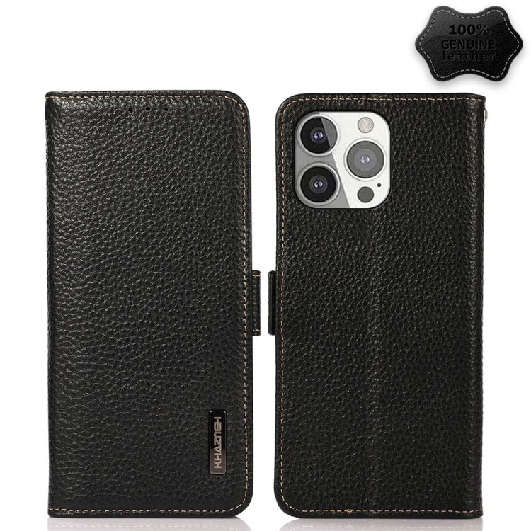For iPhone 13 Pro KHAZNEH Side-Magnetic Litchi Genuine Leather RFID Case (Black) - iPhone 13 Pro Cases by buy2fix | Online Shopping UK | buy2fix