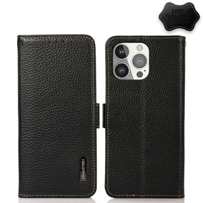 For iPhone 13 Pro KHAZNEH Side-Magnetic Litchi Genuine Leather RFID Case (Black) - iPhone 13 Pro Cases by buy2fix | Online Shopping UK | buy2fix