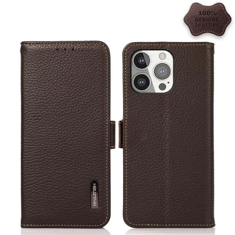 For iPhone 13 Pro KHAZNEH Side-Magnetic Litchi Genuine Leather RFID Case (Brown) - iPhone 13 Pro Cases by buy2fix | Online Shopping UK | buy2fix