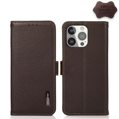 For iPhone 13 Pro KHAZNEH Side-Magnetic Litchi Genuine Leather RFID Case (Brown) - iPhone 13 Pro Cases by buy2fix | Online Shopping UK | buy2fix