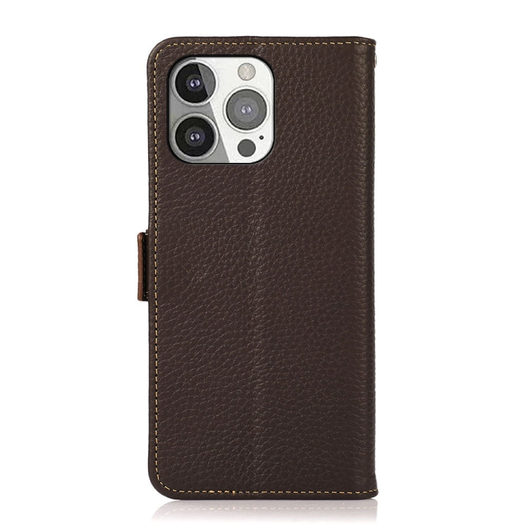 For iPhone 13 Pro KHAZNEH Side-Magnetic Litchi Genuine Leather RFID Case (Brown) - iPhone 13 Pro Cases by buy2fix | Online Shopping UK | buy2fix