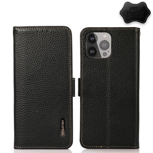 For iPhone 13 Pro Max KHAZNEH Side-Magnetic Litchi Genuine Leather RFID Case (Black) - iPhone 13 Pro Max Cases by buy2fix | Online Shopping UK | buy2fix