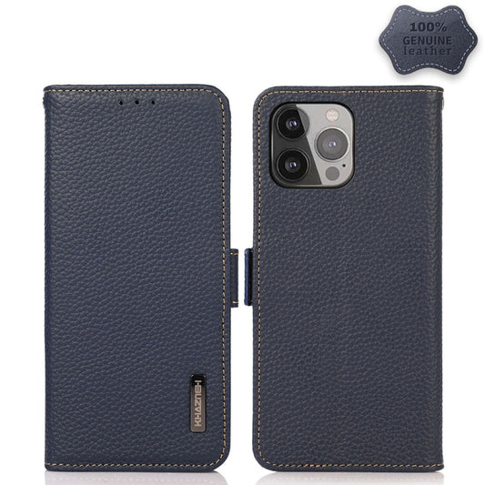 For iPhone 13 Pro Max KHAZNEH Side-Magnetic Litchi Genuine Leather RFID Case (Blue) - iPhone 13 Pro Max Cases by buy2fix | Online Shopping UK | buy2fix