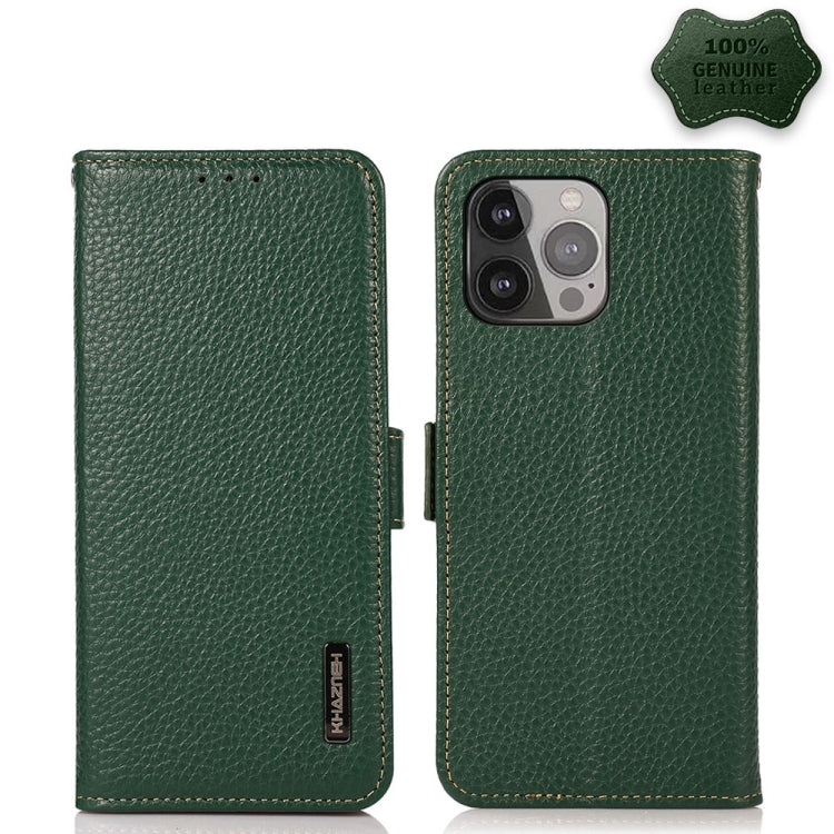 For iPhone 13 Pro Max KHAZNEH Side-Magnetic Litchi Genuine Leather RFID Case (Green) - iPhone 13 Pro Max Cases by buy2fix | Online Shopping UK | buy2fix