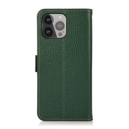 For iPhone 13 Pro Max KHAZNEH Side-Magnetic Litchi Genuine Leather RFID Case (Green) - iPhone 13 Pro Max Cases by buy2fix | Online Shopping UK | buy2fix