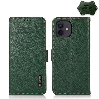 For iPhone 12 mini KHAZNEH Side-Magnetic Litchi Genuine Leather RFID Case (Green) - iPhone 12 mini Cases by buy2fix | Online Shopping UK | buy2fix