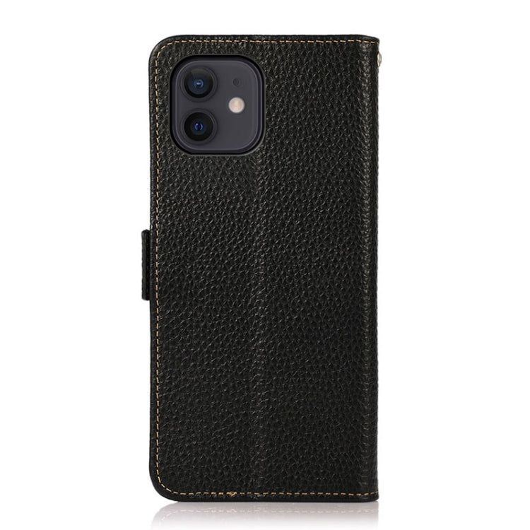 For iPhone 12 / 12 Pro KHAZNEH Side-Magnetic Litchi Genuine Leather RFID Case(Black) - iPhone 12 / 12 Pro Cases by buy2fix | Online Shopping UK | buy2fix