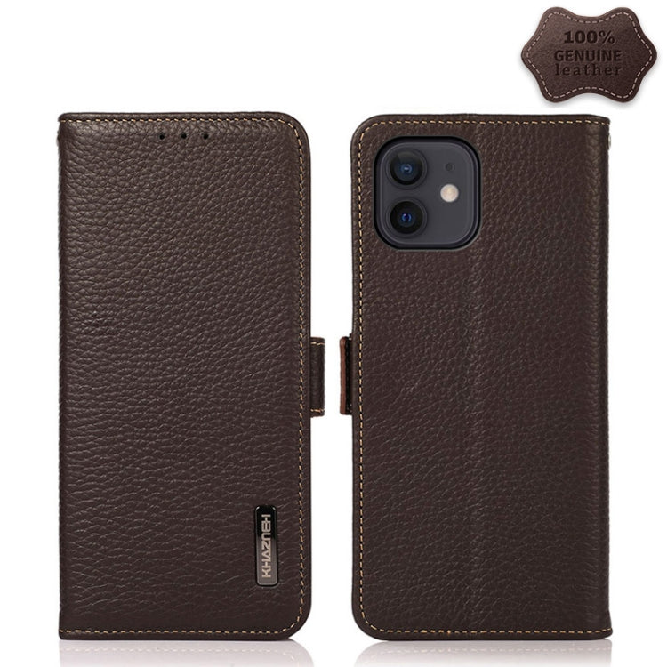 For iPhone 12 / 12 Pro KHAZNEH Side-Magnetic Litchi Genuine Leather RFID Case(Brown) - iPhone 12 / 12 Pro Cases by buy2fix | Online Shopping UK | buy2fix