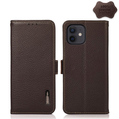 For iPhone 12 / 12 Pro KHAZNEH Side-Magnetic Litchi Genuine Leather RFID Case(Brown) - iPhone 12 / 12 Pro Cases by buy2fix | Online Shopping UK | buy2fix