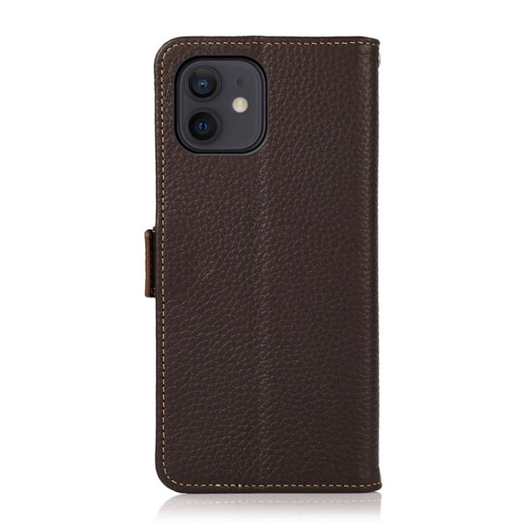 For iPhone 12 / 12 Pro KHAZNEH Side-Magnetic Litchi Genuine Leather RFID Case(Brown) - iPhone 12 / 12 Pro Cases by buy2fix | Online Shopping UK | buy2fix