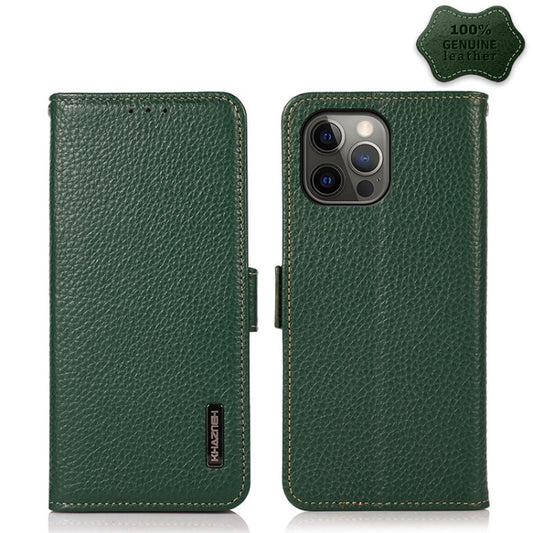For iPhone 12 Pro Max KHAZNEH Side-Magnetic Litchi Genuine Leather RFID Case(Green) - iPhone 12 Pro Max Cases by buy2fix | Online Shopping UK | buy2fix