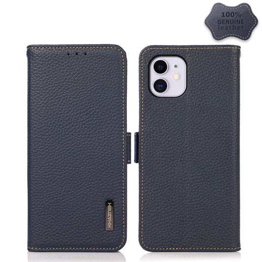 For iPhone 11 KHAZNEH Side-Magnetic Litchi Genuine Leather RFID Case (Blue) - iPhone 11 Cases by buy2fix | Online Shopping UK | buy2fix
