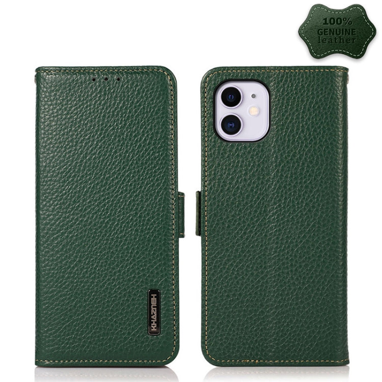 For iPhone 11 KHAZNEH Side-Magnetic Litchi Genuine Leather RFID Case (Green) - iPhone 11 Cases by buy2fix | Online Shopping UK | buy2fix