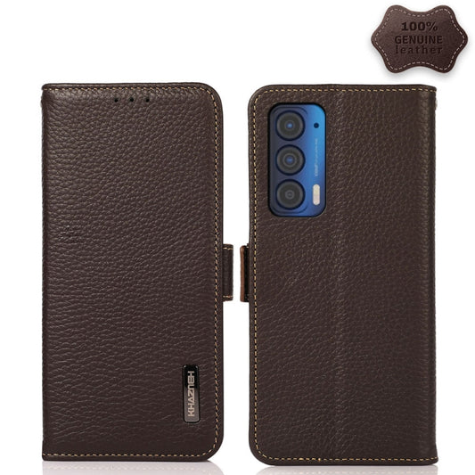 For Motorola Edge 2021 KHAZNEH Side-Magnetic Litchi Genuine Leather RFID Case(Brown) - Motorola Cases by buy2fix | Online Shopping UK | buy2fix