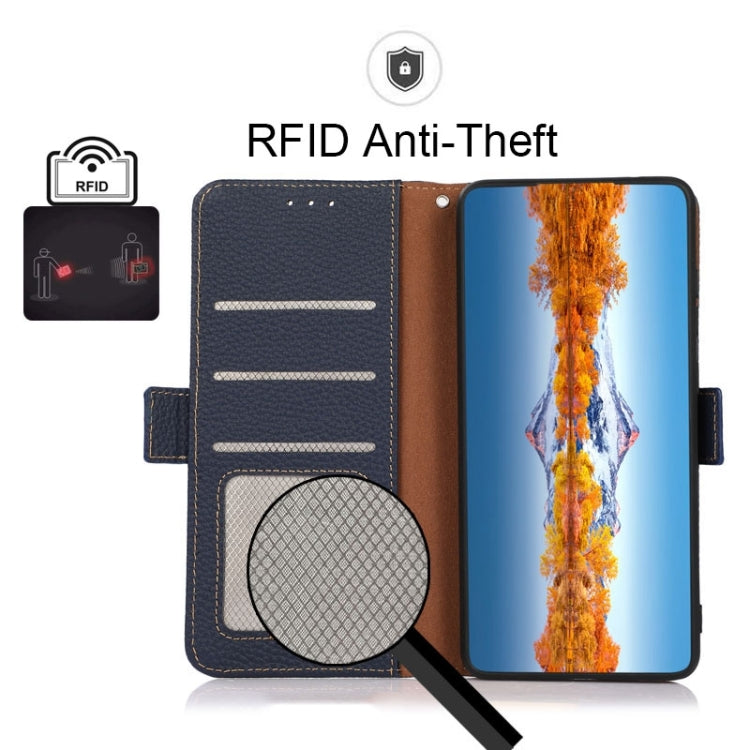 For Motorola Moto E7 Power KHAZNEH Side-Magnetic Litchi Genuine Leather RFID Case(Blue) - Motorola Cases by buy2fix | Online Shopping UK | buy2fix