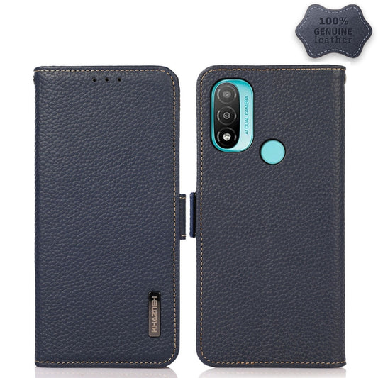 For Motorola Moto E20 / E40 KHAZNEH Side-Magnetic Litchi Genuine Leather RFID Case(Blue) - Motorola Cases by buy2fix | Online Shopping UK | buy2fix