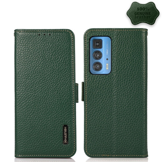 For Motorola Edge 20 Pro KHAZNEH Side-Magnetic Litchi Genuine Leather RFID Case(Green) - Motorola Cases by buy2fix | Online Shopping UK | buy2fix