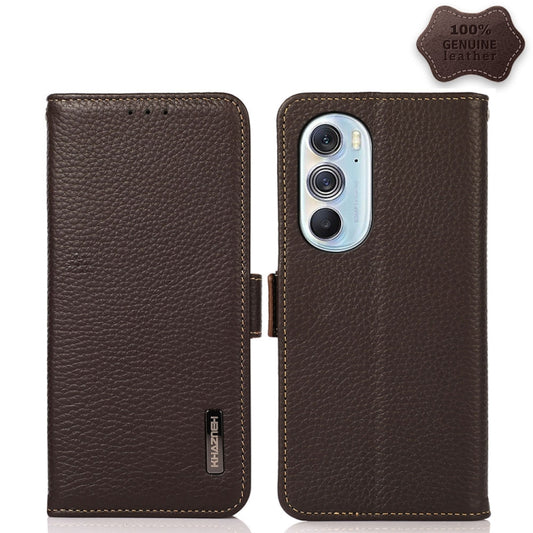 For Motorola Edge X30 KHAZNEH Side-Magnetic Litchi Genuine Leather RFID Case(Brown) - Motorola Cases by buy2fix | Online Shopping UK | buy2fix