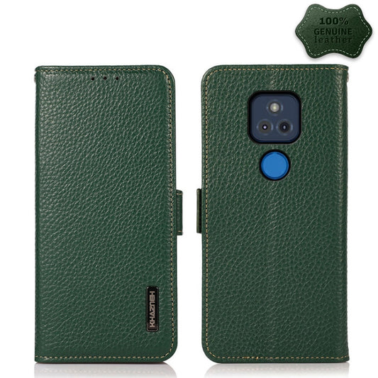 For Motorola Moto G Play 2021 KHAZNEH Side-Magnetic Litchi Genuine Leather RFID Case(Green) - Motorola Cases by buy2fix | Online Shopping UK | buy2fix