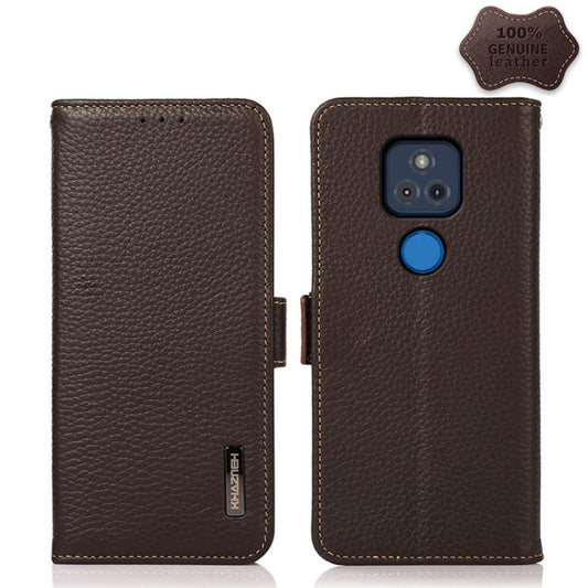 For Motorola Moto G Play 2021 KHAZNEH Side-Magnetic Litchi Genuine Leather RFID Case(Brown) - Motorola Cases by buy2fix | Online Shopping UK | buy2fix