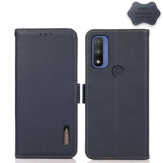 For Motorola G Pure KHAZNEH Side-Magnetic Litchi Genuine Leather RFID Case(Blue) - Motorola Cases by buy2fix | Online Shopping UK | buy2fix