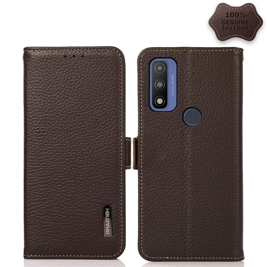 For Motorola G Pure KHAZNEH Side-Magnetic Litchi Genuine Leather RFID Case(Brown) - Motorola Cases by buy2fix | Online Shopping UK | buy2fix