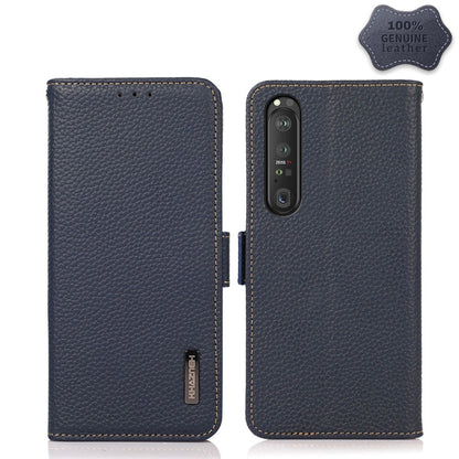 For Sony Xperia 1 III KHAZNEH Side-Magnetic Litchi Genuine Leather RFID Case(Blue) - Sony Cases by buy2fix | Online Shopping UK | buy2fix