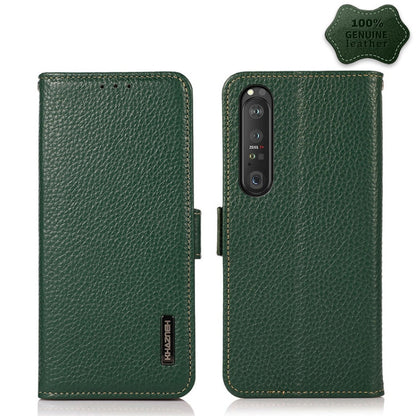 For Sony Xperia 1 III KHAZNEH Side-Magnetic Litchi Genuine Leather RFID Case(Green) - Sony Cases by buy2fix | Online Shopping UK | buy2fix