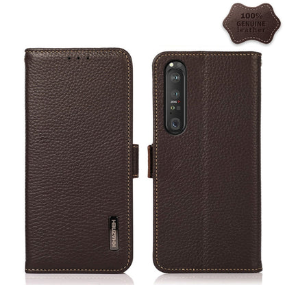 For Sony Xperia 1 III KHAZNEH Side-Magnetic Litchi Genuine Leather RFID Case(Brown) - Sony Cases by buy2fix | Online Shopping UK | buy2fix
