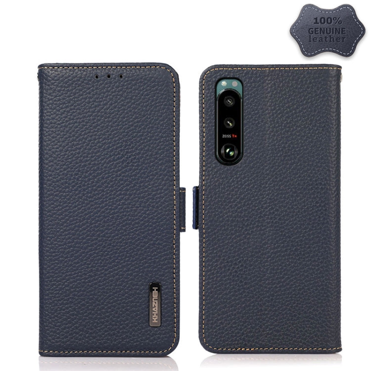 For Sony Xperia 5 III KHAZNEH Side-Magnetic Litchi Genuine Leather RFID Case(Blue) - Sony Cases by buy2fix | Online Shopping UK | buy2fix