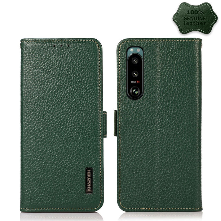 For Sony Xperia 5 III KHAZNEH Side-Magnetic Litchi Genuine Leather RFID Case(Green) - Sony Cases by buy2fix | Online Shopping UK | buy2fix