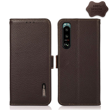For Sony Xperia 5 III KHAZNEH Side-Magnetic Litchi Genuine Leather RFID Case(Brown) - Sony Cases by buy2fix | Online Shopping UK | buy2fix