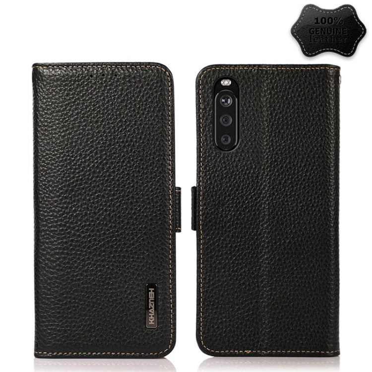 For Sony Xperia 10 III KHAZNEH Side-Magnetic Litchi Genuine Leather RFID Case(Black) - Sony Cases by buy2fix | Online Shopping UK | buy2fix