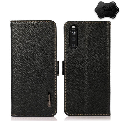 For Sony Xperia 10 III KHAZNEH Side-Magnetic Litchi Genuine Leather RFID Case(Black) - Sony Cases by buy2fix | Online Shopping UK | buy2fix