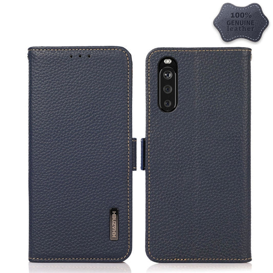 For Sony Xperia 10 III KHAZNEH Side-Magnetic Litchi Genuine Leather RFID Case(Blue) - Sony Cases by buy2fix | Online Shopping UK | buy2fix