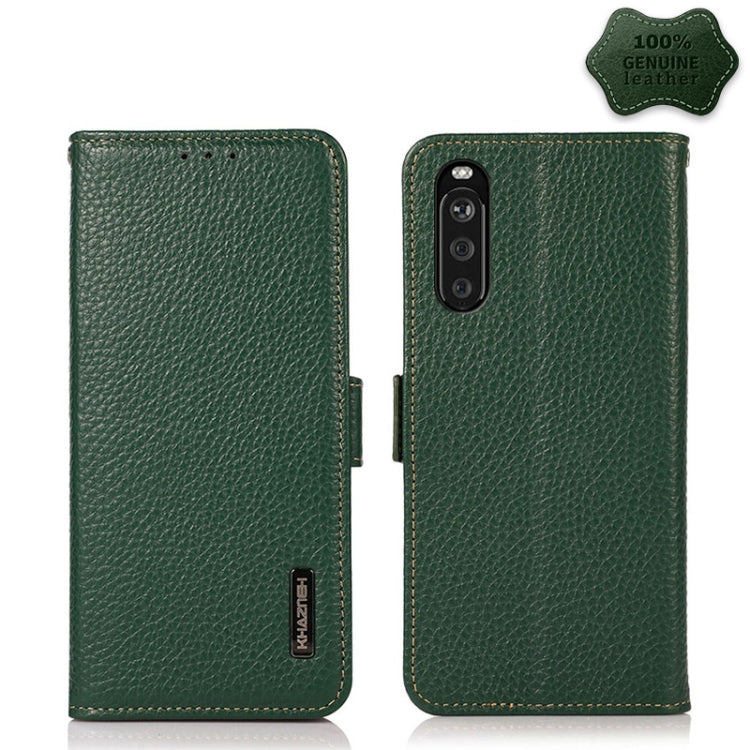For Sony Xperia 10 III KHAZNEH Side-Magnetic Litchi Genuine Leather RFID Case(Green) - Sony Cases by buy2fix | Online Shopping UK | buy2fix