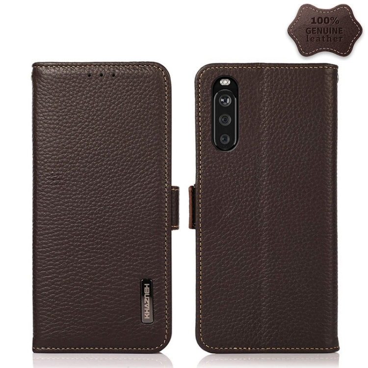 For Sony Xperia 10 III KHAZNEH Side-Magnetic Litchi Genuine Leather RFID Case(Brown) - Sony Cases by buy2fix | Online Shopping UK | buy2fix