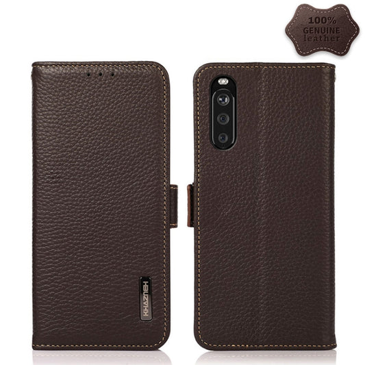 For Sony Xperia 10 III KHAZNEH Side-Magnetic Litchi Genuine Leather RFID Case(Brown) - Sony Cases by buy2fix | Online Shopping UK | buy2fix