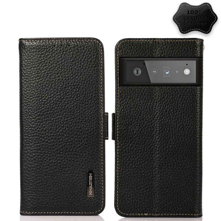 For Google Pixel 6 Pro KHAZNEH Side-Magnetic Litchi Genuine Leather RFID Case(Black) - Google Cases by buy2fix | Online Shopping UK | buy2fix