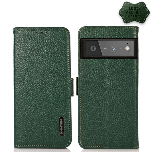 For Google Pixel 6 Pro KHAZNEH Side-Magnetic Litchi Genuine Leather RFID Case(Green) - Google Cases by buy2fix | Online Shopping UK | buy2fix