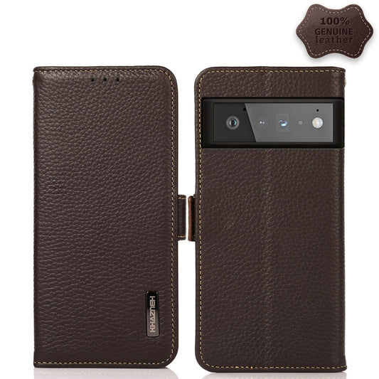 For Google Pixel 6 Pro KHAZNEH Side-Magnetic Litchi Genuine Leather RFID Case(Brown) - Google Cases by buy2fix | Online Shopping UK | buy2fix