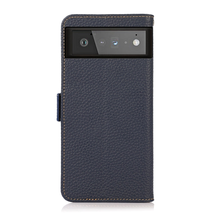 For Google Pixel 6 KHAZNEH Side-Magnetic Litchi Genuine Leather RFID Case(Blue) - Google Cases by buy2fix | Online Shopping UK | buy2fix