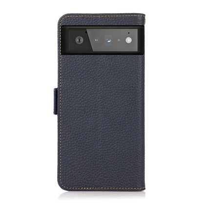 For Google Pixel 6 KHAZNEH Side-Magnetic Litchi Genuine Leather RFID Case(Blue) - Google Cases by buy2fix | Online Shopping UK | buy2fix