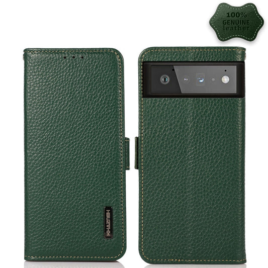 For Google Pixel 6 KHAZNEH Side-Magnetic Litchi Genuine Leather RFID Case(Green) - Google Cases by buy2fix | Online Shopping UK | buy2fix