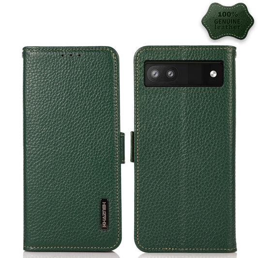 For Google Pixel 6a KHAZNEH Side-Magnetic Litchi Genuine Leather RFID Case(Green) - Google Cases by buy2fix | Online Shopping UK | buy2fix